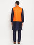 Vastramay Men's Orange Matka Silk Nehru Jacket With Navy Blue Silk Blend Kurta and Pant style Pyjama Set